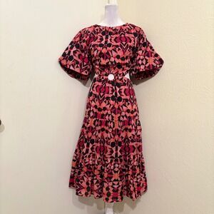 NWT French Connection Felicity Pink Geometric Cutout Puff Midi Tiered Dress 12
